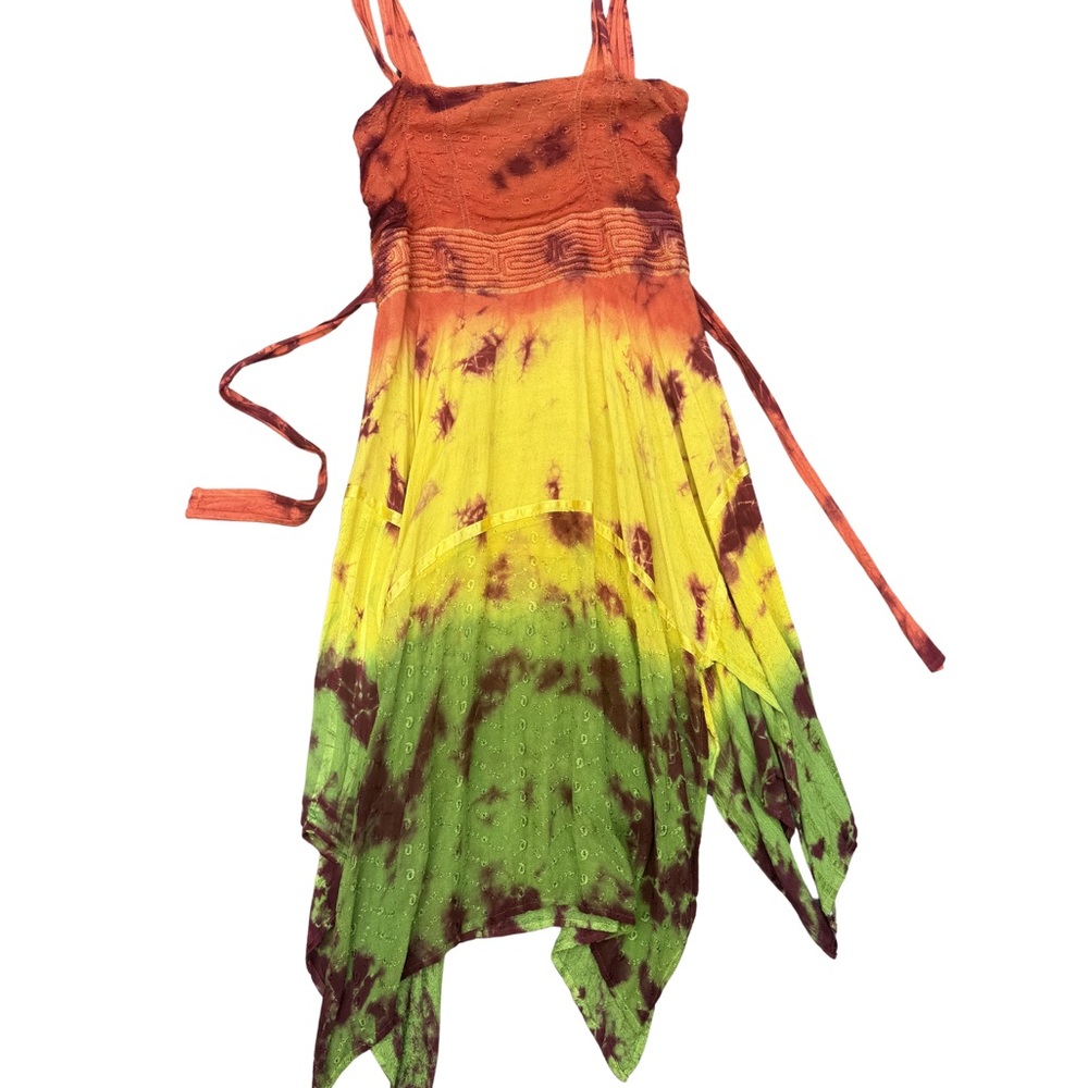 Asymmetrical Tie-Dye Summer Dress in Orange, Yellow & Green